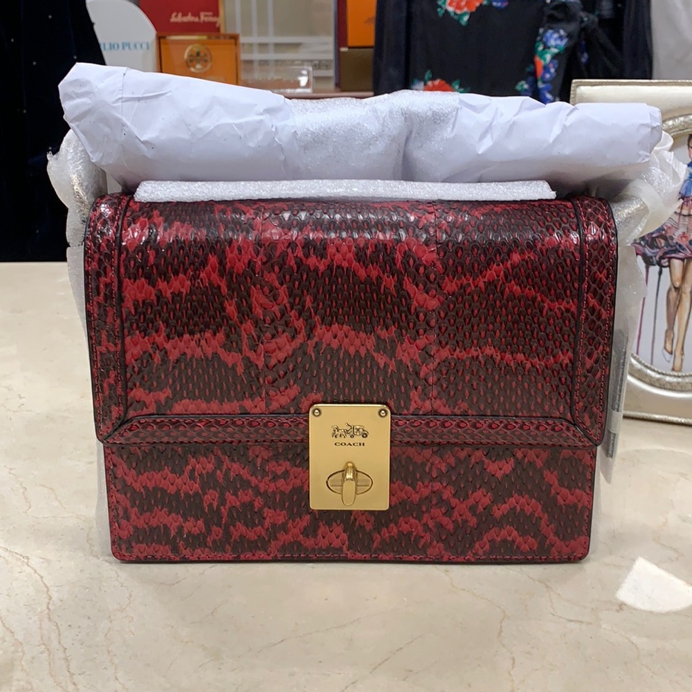 LAST COACH HUTTON GENUINE SNAKESKIN SHOULDER BAG IN CERISE W/CHUNKY CHAIN STRAP - Picture 11 of 16